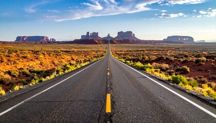 A straight, black asphalt road leads directly into the vast desert landscape towards large, majestic rock formations under a bright blue sky