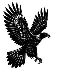 Black and white illustration of a soaring raptor, wings outstretched, against a white background
