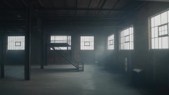 industrial loft with high ceilings, exposed concrete walls, steel beams, and wide factory style windows