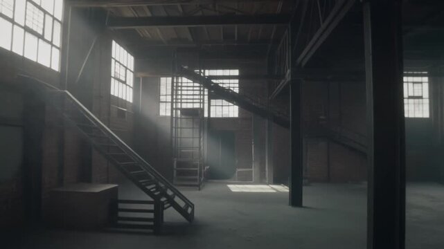 industrial loft with high ceilings, exposed concrete walls, steel beams, and wide factory style windows