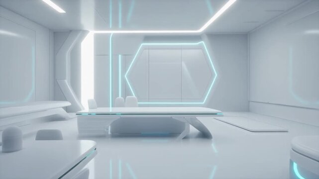 Bright, futuristic workspace dominated by pure white surfaces and subtle reflections