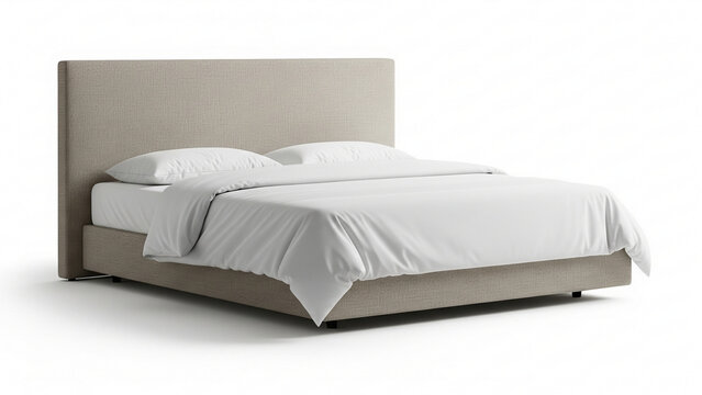 Modern queen size bed with upholstered headboard and neutral tones isolated on white background. Ideal for luxury bedroom furniture advertising, hotel concepts, interior presentations, and online stor
