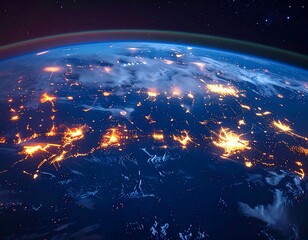 A stunning view of Earth from space, showcasing illuminated cities across a dark blue globe, with stars in the background