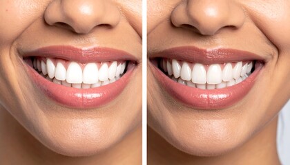 A split-screen close-up showcases a radiant smile. The left side has a slight color difference. Both images show healthy, white teeth