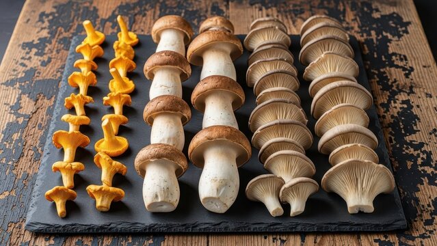 Assortment of fresh edible mushrooms including chanterelles and king boletes displayed on a rustic wooden surface