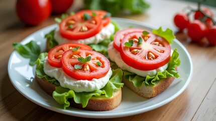 Delicious open-faced sandwiches with fresh tomatoes, creamy cheese, and crisp lettuce on toasted bread