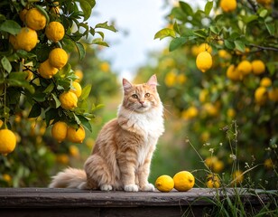 Orange cat sitting under lemon tree.