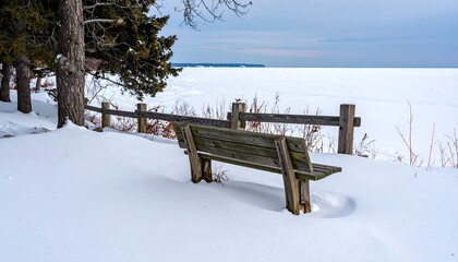 A snow-covered bench and fence overlook a vast frozen lake and distant shoreline under a cloudy sky