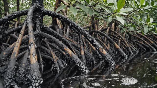 Intricate submerged mangrove roots in a dark, oily swamp environment, showcasing unique natural resilience and adaptation