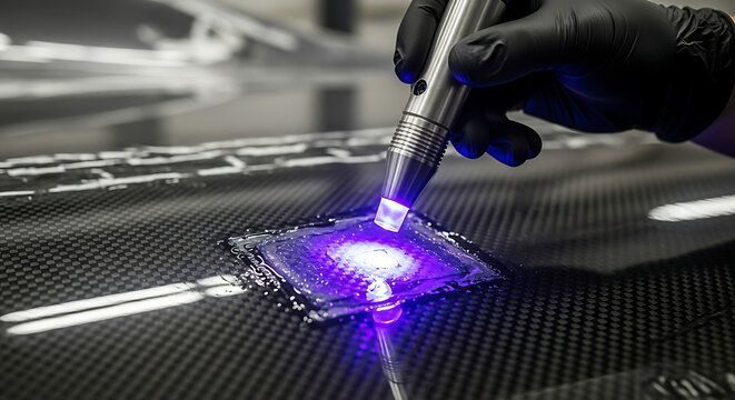 Skilled technician utilizing advanced UV light technology for precise curing and bonding on a high-performance composite material surface
