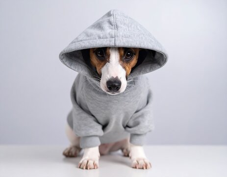 A small canine with white and brown markings, seated on a white surface, dressed in a grey hooded sweatshirt