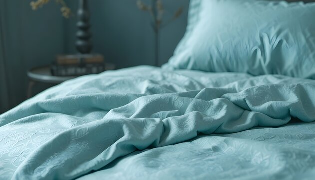 Luxury teal bedsheet, jacquard weave, soft rich texture