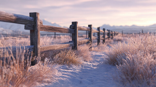 An old wooden fence stretching across a snow-covered landscape, a serene winter scene. The fence leads towards distant mountains.