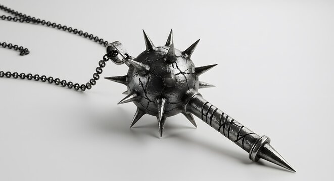 Black and white image of a detailed medieval mace with spikes hanging on a chain, white surface