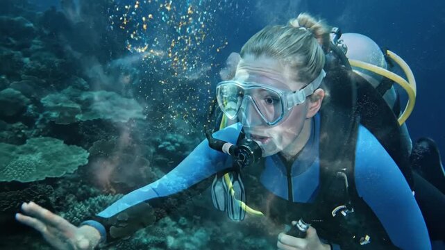 A scuba diver swims underwater, surrounded by coral and bubbles, gesturing towards the camera