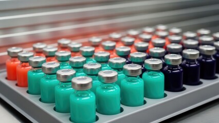 Obraz premium Rows of Luminous Teal Medicine Vials on a Pharmaceutical Production Line Ready for Distribution