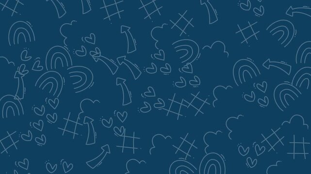 Seamless pattern with rainbows, hearts, arrows, and hash symbols. Ideal for wrapping paper, stationery, textiles, or social media backgrounds.