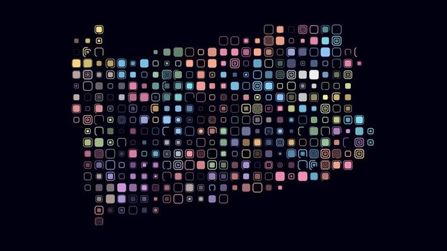 Pennsylvania animated shape. Pulsating colored dots on the map of the state. Large size rounded square blocks. Digital style Pennsylvania map on dark background. Stylish animation video.