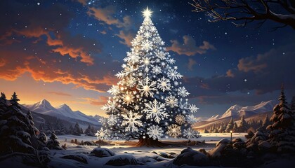 A snow-covered Christmas tree, adorned with glittering snowflakes, stands in a winter landscape with mountains and a sunset