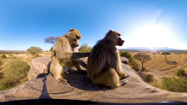 Two Baboons Sitting on Rock in Desert Landscape.