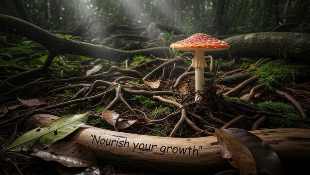 A vibrant mushroom sprouts from tangled roots on a forest floor, embodying growth and natural wonder