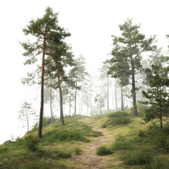 Obraz premium Misty Forest Path With Tall Pine Trees isolated on a transparent background