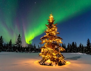 A snow-covered evergreen tree, lit with warm lights, stands in a winter landscape with vibrant green and purple aurora borealis above