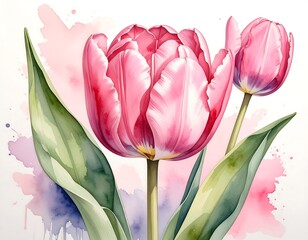 Pink Tulips Watercolor Floral Art Illustration.