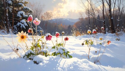 A snow-covered field features colorful wildflowers reaching toward a bright sun shining through the trees, a picturesque winter scene