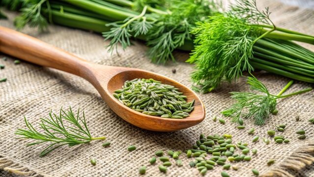 A wooden spoon filled with dill seeds and fresh dill on a burlap cloth