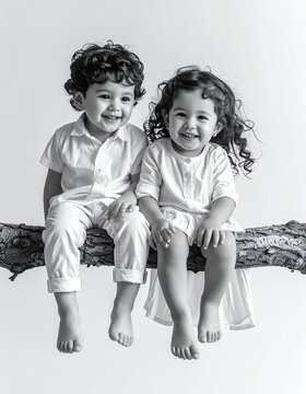 Adorable young siblings smiling brightly while sitting on a tree branch, captured in a timeless black and white portrait.