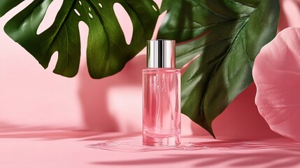 Elegant pink perfume bottle with tropical leaf background and summer shadows