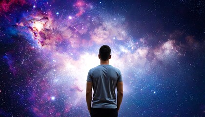 Fototapeta premium Man Gazing at a Vibrant Cosmic Nebula in Outer Space.