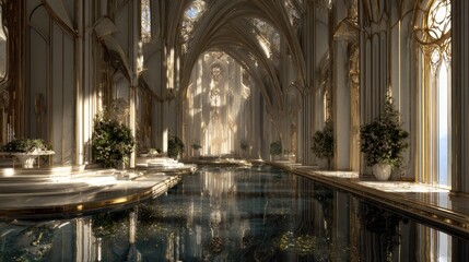 Fototapeta premium Luxurious Gothic Style Cathedral Interior with Golden Accents and Reflective Pool