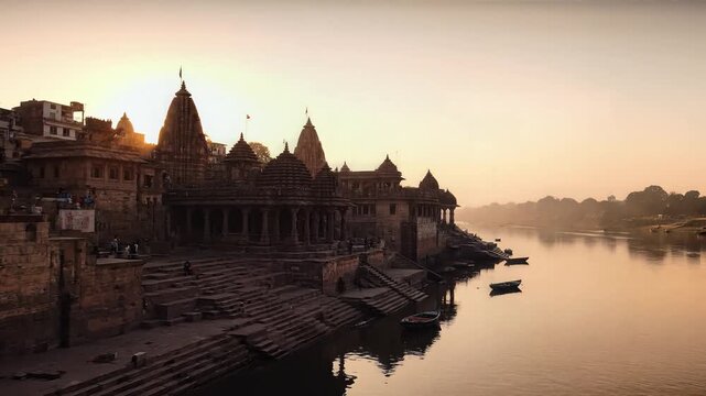 Majestic Temple Ghat on Indian River at Golden Sunset