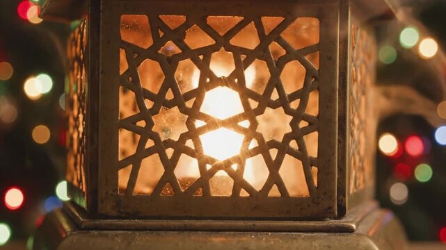 Close up view of an antique ornate metal lantern casting a warm glowing light through intricate geometric Islamic star pattern cutouts during a festive celebration.