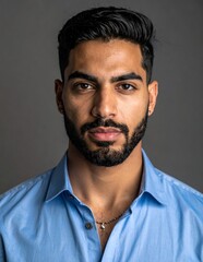 Obraz premium Confident Young Man in Blue Shirt Looking Directly at Camera.