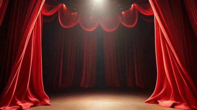 Elegant red velvet curtains draping stage with soft lighting.