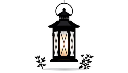 A stylized, black lantern hangs from above with stylized foliage on either side of its base, set against a stark white backdrop
