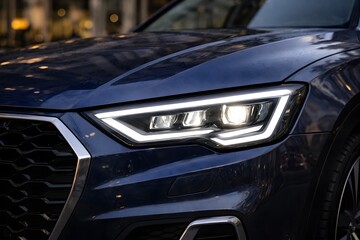 Fototapeta premium Car headlight detail on a modern silver sports automobile with shiny design and luxury look