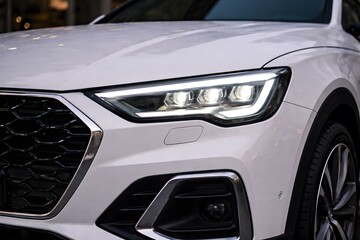 Fototapeta premium Car headlight detail on a modern silver sports automobile with shiny design and luxury look