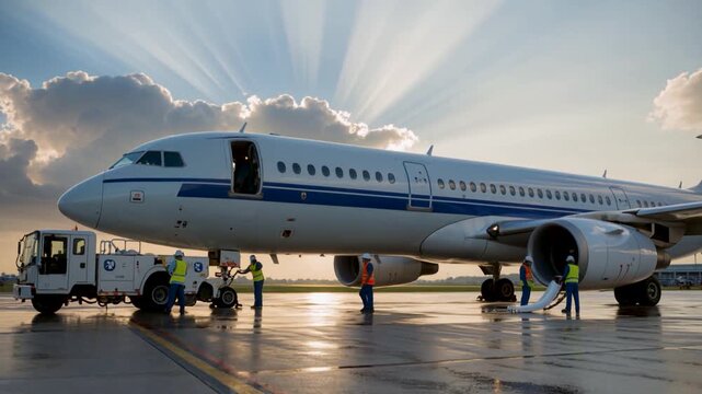 Ground crew workers service a large commercial airplane on a wet runway during a vibrant golden sunset with radiant light reflecting off the tarmac