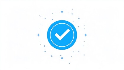A stylized blue circle with a white check mark, surrounded by small starbursts on a white background. Simple and clean design