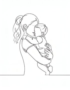 Continuous Line Art of Mother Embracing Baby with Love and Tenderness.