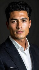 Handsome young man in a suit looking directly at the camera with a confident and serious expression.