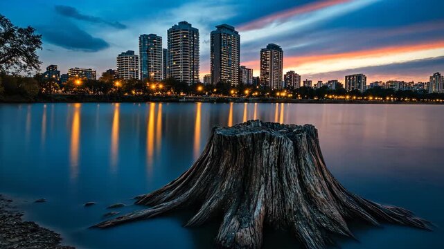 Old tree base with modern city background