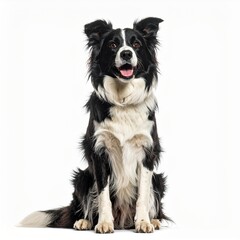 Fototapeta premium Black and white dog sitting, looking at the camera, tongue showing, against white background