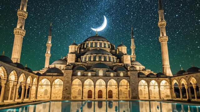 Magnificent illuminated sultan ahmet mosque stands proudly beneath a vibrant deep blue night sky adorned with countless stars and a glowing crescent moon.