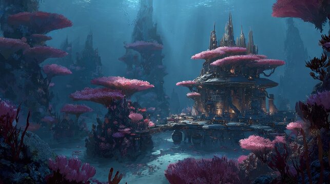 Fantasy Underwater City with Pink Coral Trees and Illuminated Structures in Mystical Ocean Scene