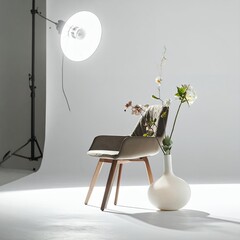 Minimalist Studio Setup with Chair, Vase, and Lighting Equipment.